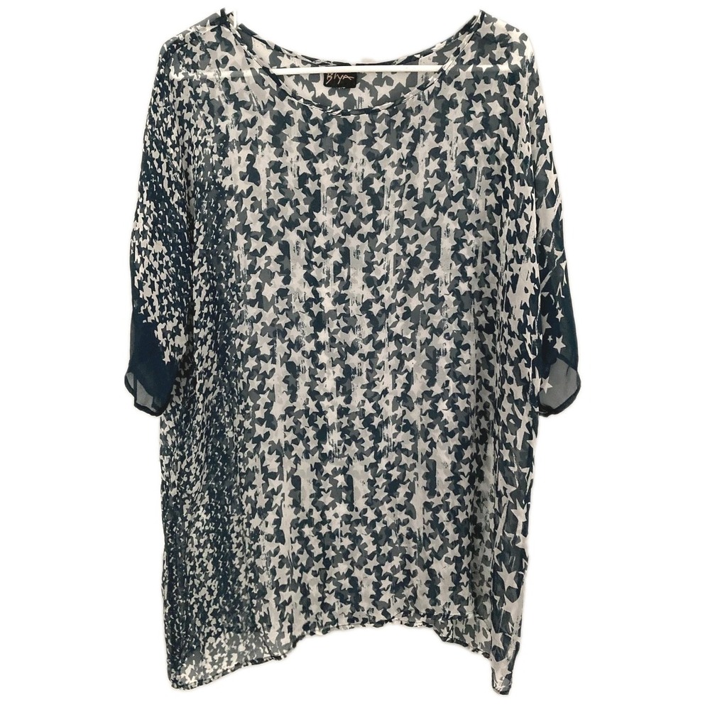 Biya by Johnny Was Tunic Top Women L/XL? Blue Stars Sheer Silk Scoop Neck